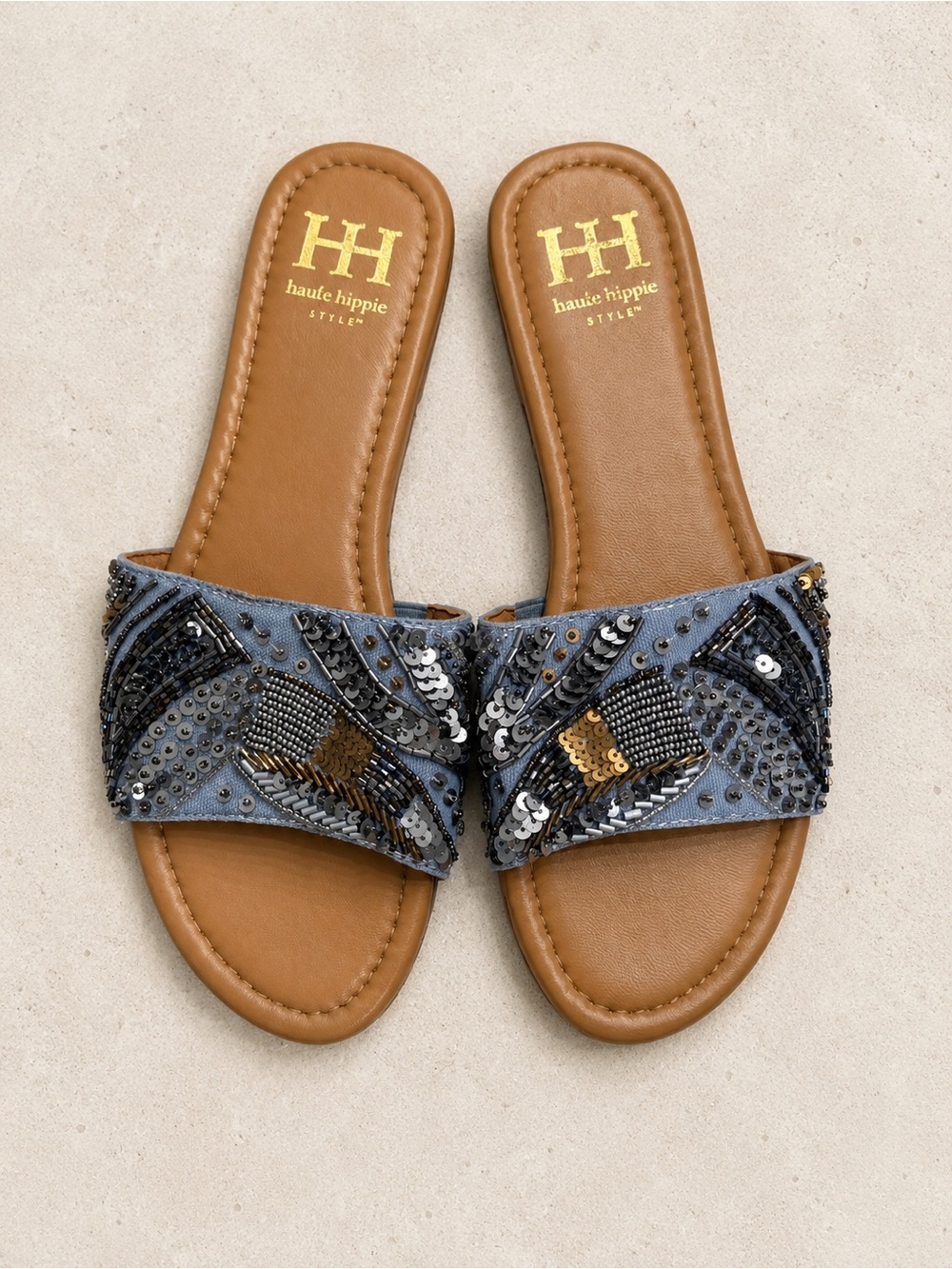 Haute Hippie Blue Beaded Sequin Slide Sandals Boho Women’s 8.5 NWOB